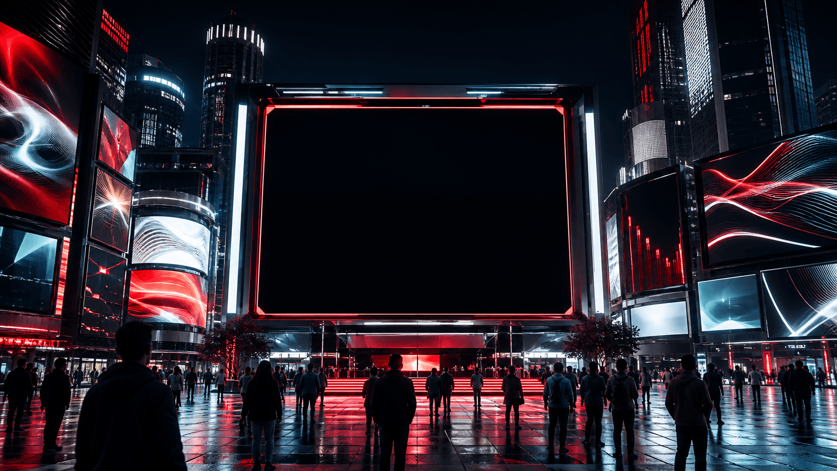 A cinematic digital public square with a central takeover screen